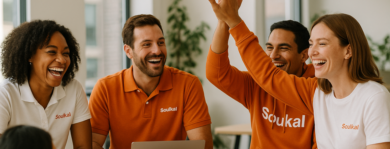 A group of employees from a brand (franchise or team) wearing matching branded apparel and genuinely interacting (laughing, collaborating, high-fiving).